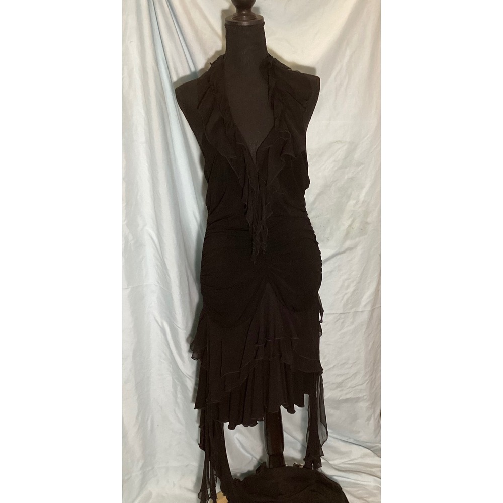 Black Bebe Ruffle Halter Tiered Asymmetrical Ruched Evening Dress Womens Large